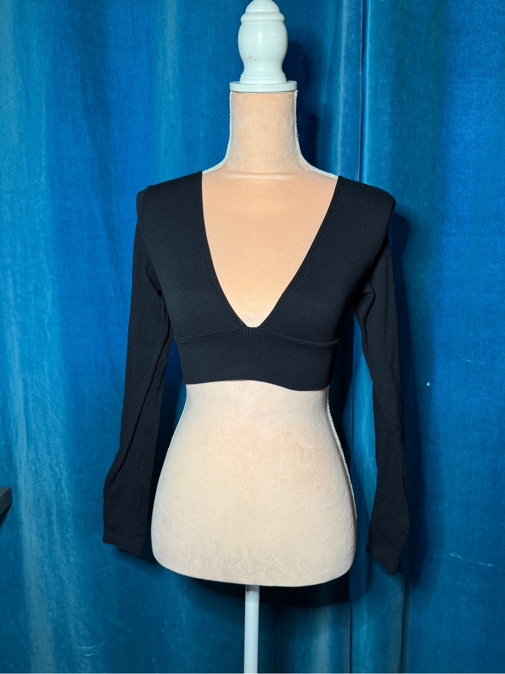 Black Deep V Ribbed Long-Sleeve Crop Top